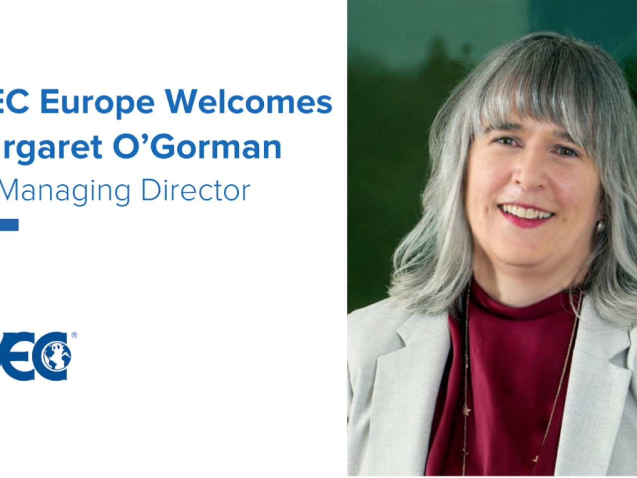 Text welcoming Margaret O'Gorman as Managing Director, with WEC logo and picture of Margaret O'Gorman