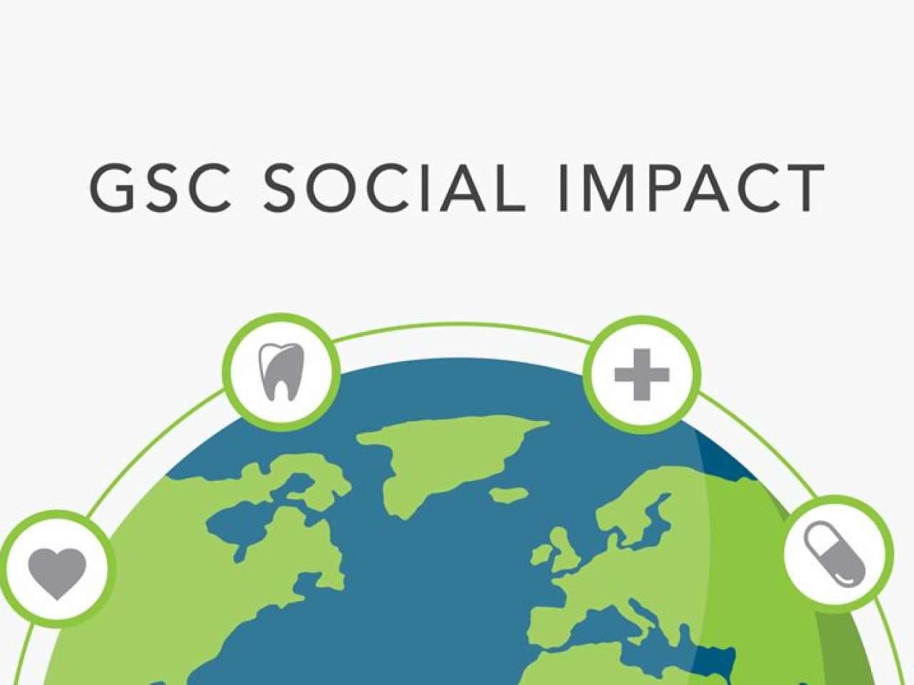 Illustration of globe with text: GSC Social Impact