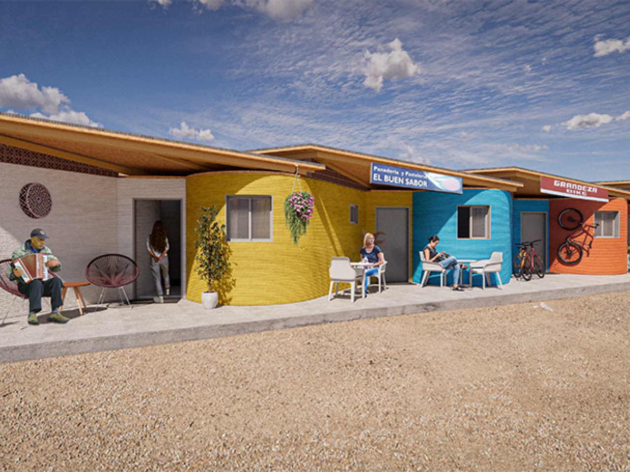 A group of four, colorful, 3D-printed affordable homes
