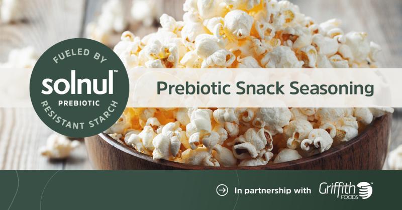 Popcorn in bowl with text that reads: solnul prebiotic, Prebiotic Snack Seasoning