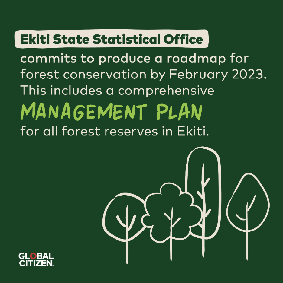 "Ekiti State Statistical Office commits to produce a roadmap for forest conservation by February 2023. This includes a comprehensive MANAGEMENT PLAN for all forest reserves in Ekiti"