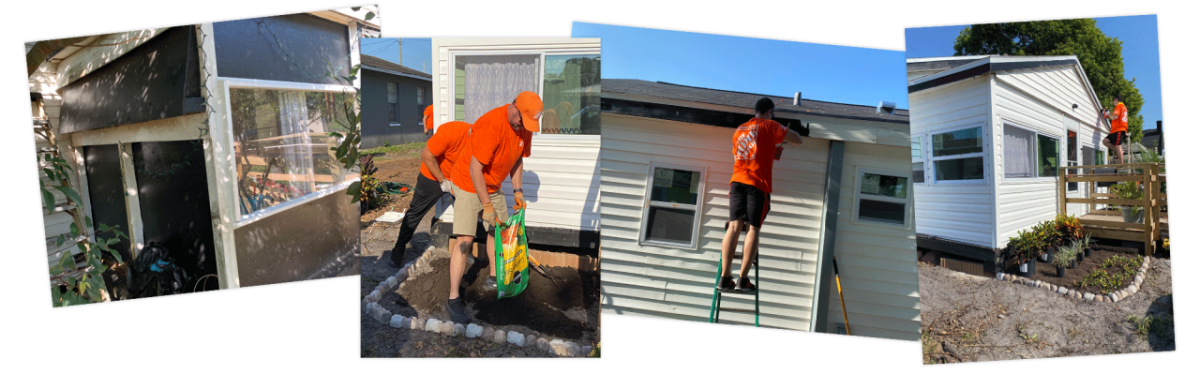 Photo montage of Home Depot volunteers repairing gutters, adding soil to the garden, painting and cleaning.