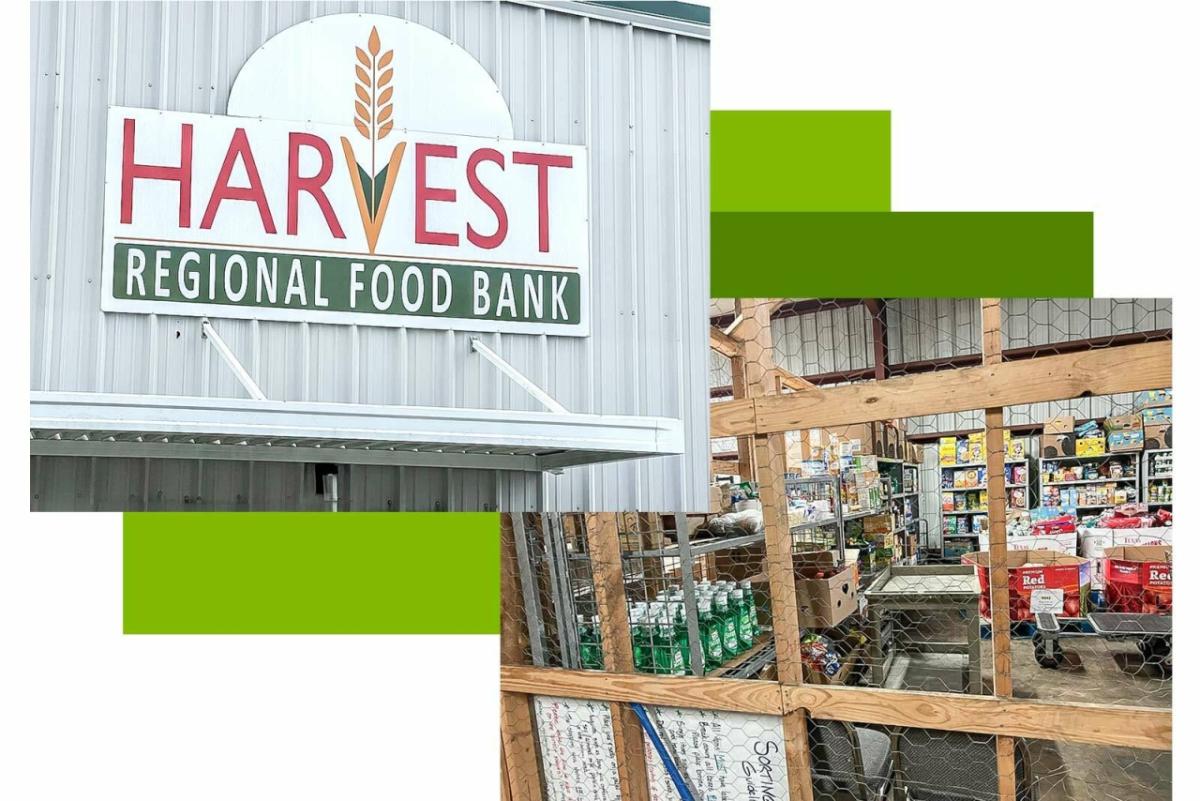 Collage of Harvest food bank and interior of stacked food products