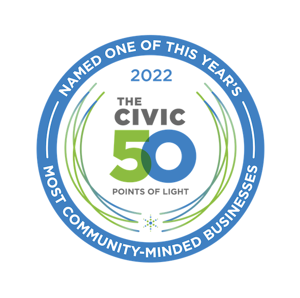 The Civic 50, Points of Light badge. Named one of this years Most Community-Minded Businesses.