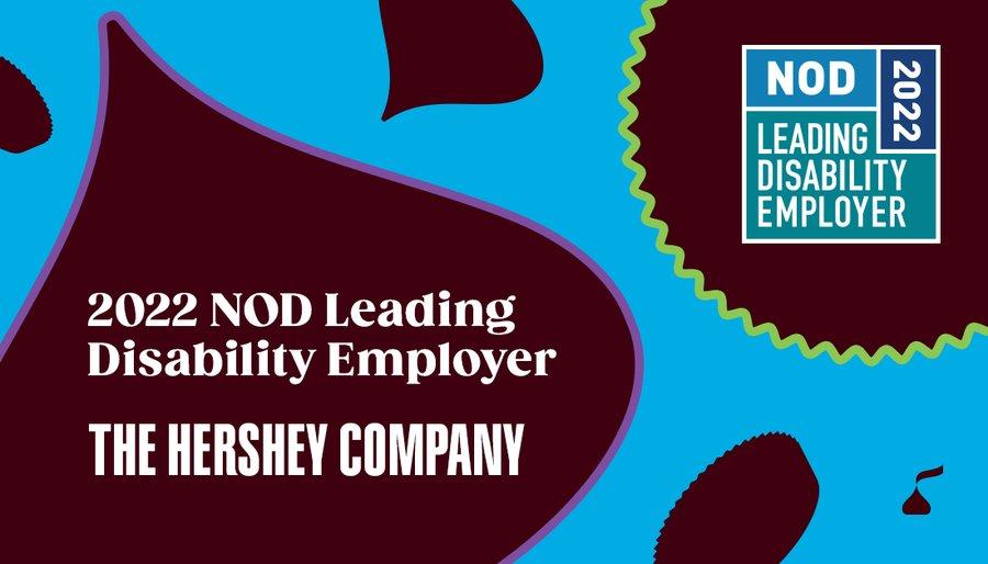 Brown shapes on a blue background, "2022 NOD leading disability employer The Hershey Company." NOD logo in the right corner.