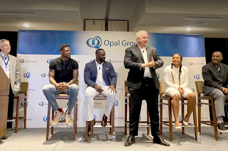 Athletes Panel at the Opal Group Conference in July 2021 in Newport, RI with (left to right) Rick Davis of LOHAS Capital, Udonis Haslem, Shawn Springs, Daniel Puder, Santia Deck, and Tim Hardaway.