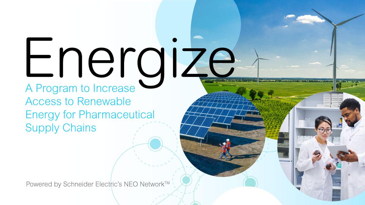 Energize banner image with collage of solar panels, wind farm, and people in lab
