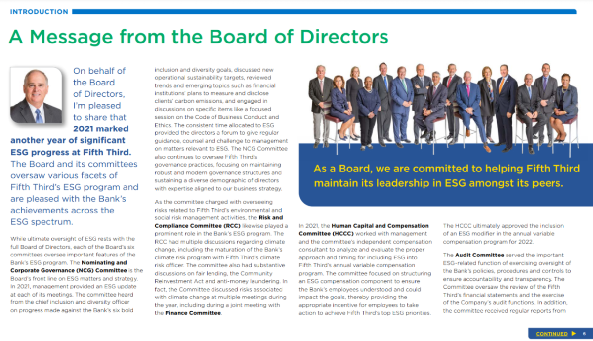 A message from the board of directors. The full letter typed out and photos of the entire group and the president