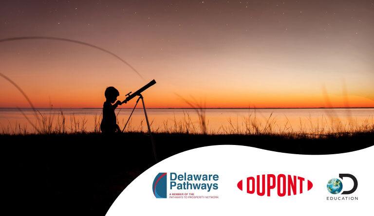 child looking through telescope with logos for Delaware Pathways, DuPont, and Discovery Education below