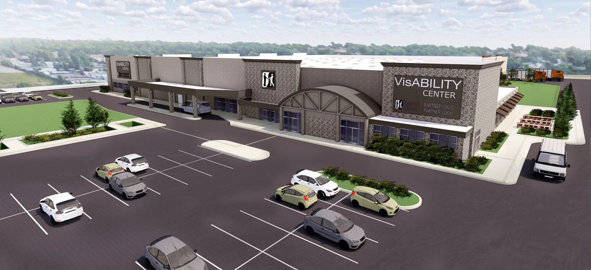 3D rendering of the visABILITY center, parking lot in front