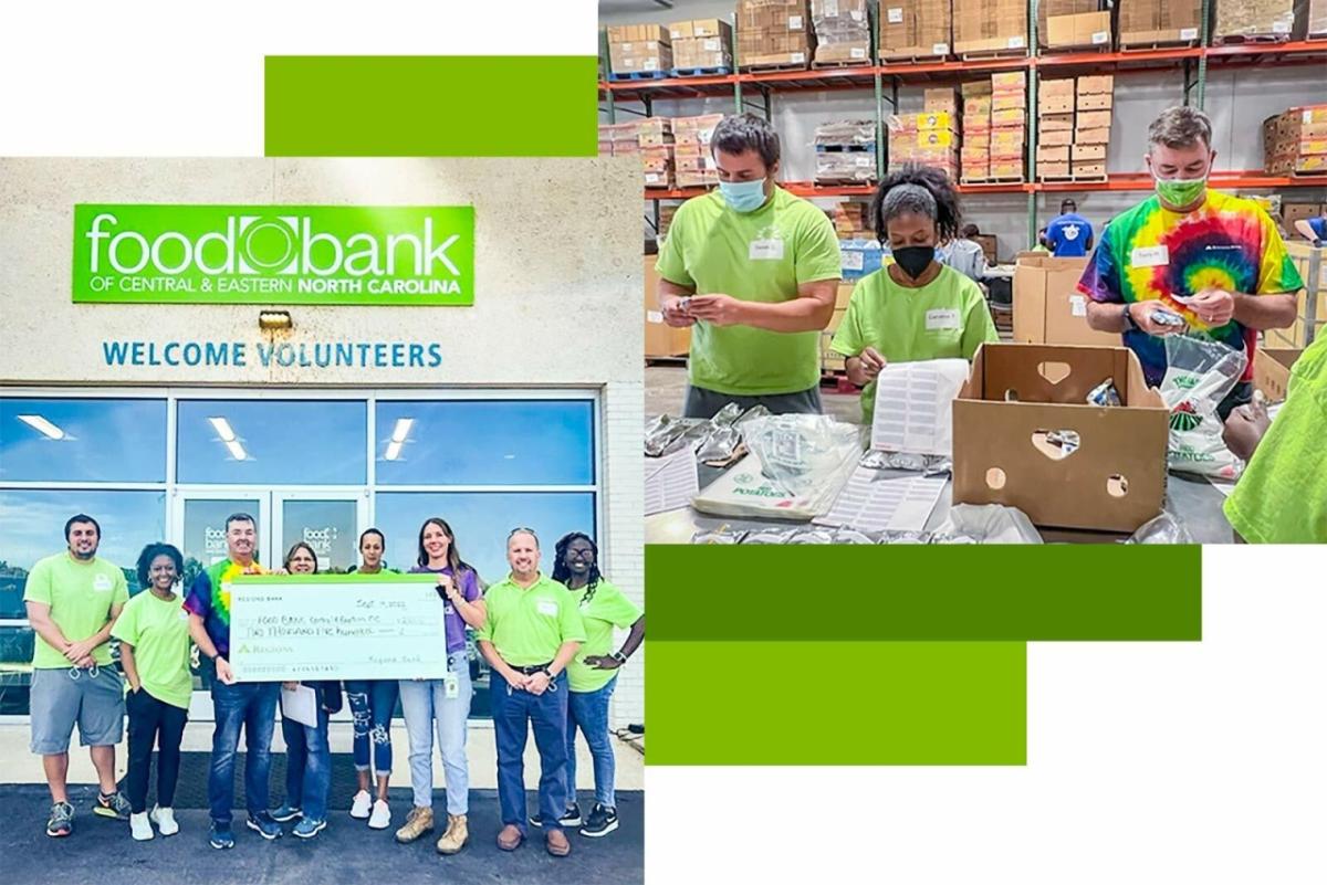 Collage of colunteers packing boxes with food and standing outside a food bank holding a large check